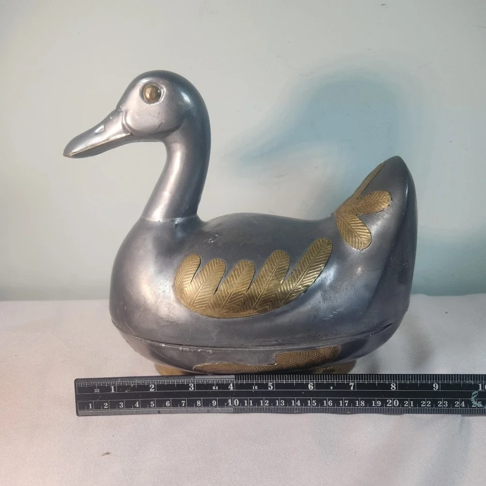 Vintage Pewter & Brass Duck Trinket Box • Lidded Metal Bird Sculpture • Boho